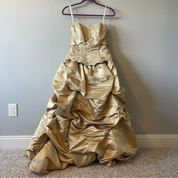 Alfred Angelo | Dresses | Alfred Angelo Strapless Champagne Gathered Gown  With Sequined Embroidered Bodice | Poshmark